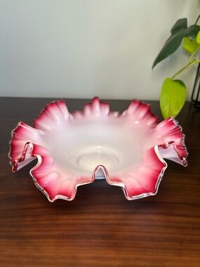 Vintage 1950’s Fenton Pink cranberry Ruffled Rim Milkglass Candy Dish